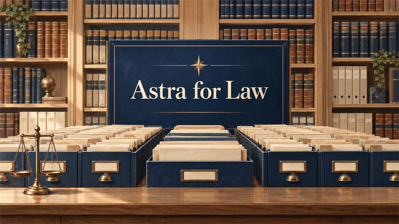 Biblioteca jurídica de Astra for Law con fichas de búsqueda frente a estanterías de madera clara