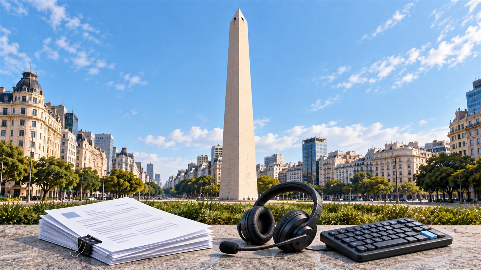 Obelisco de Buenos Aires junto a símbolos del sector servicios vinculados con la IA generativa