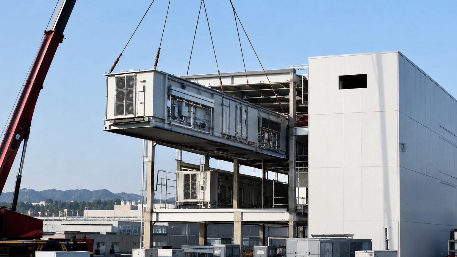 Grúa instalando un módulo prefabricado en la estructura de un centro de datos modular