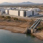 Vista aérea de centros de datos junto a tuberías de agua, una planta de gas y un embalse bajo en clima cálido