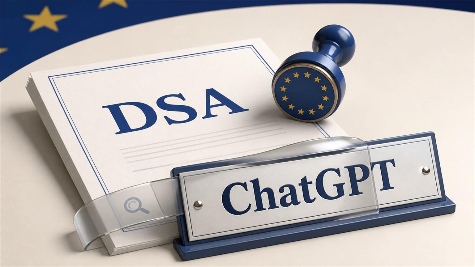 Documento DSA con sello europeo sobre una placa con el nombre ChatGPT