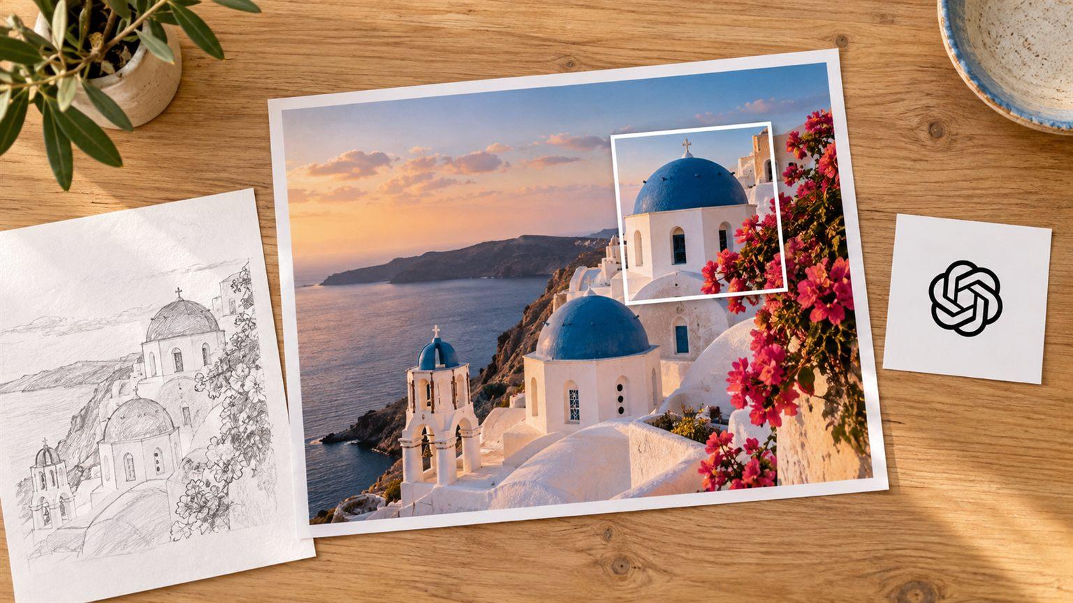 Mesa creativa con una fotografía y un boceto editados con ChatGPT Images 2.5