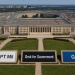 Vista aérea del Pentágono con señalética de ChatGPT Mil, Grok for Government y Gemini