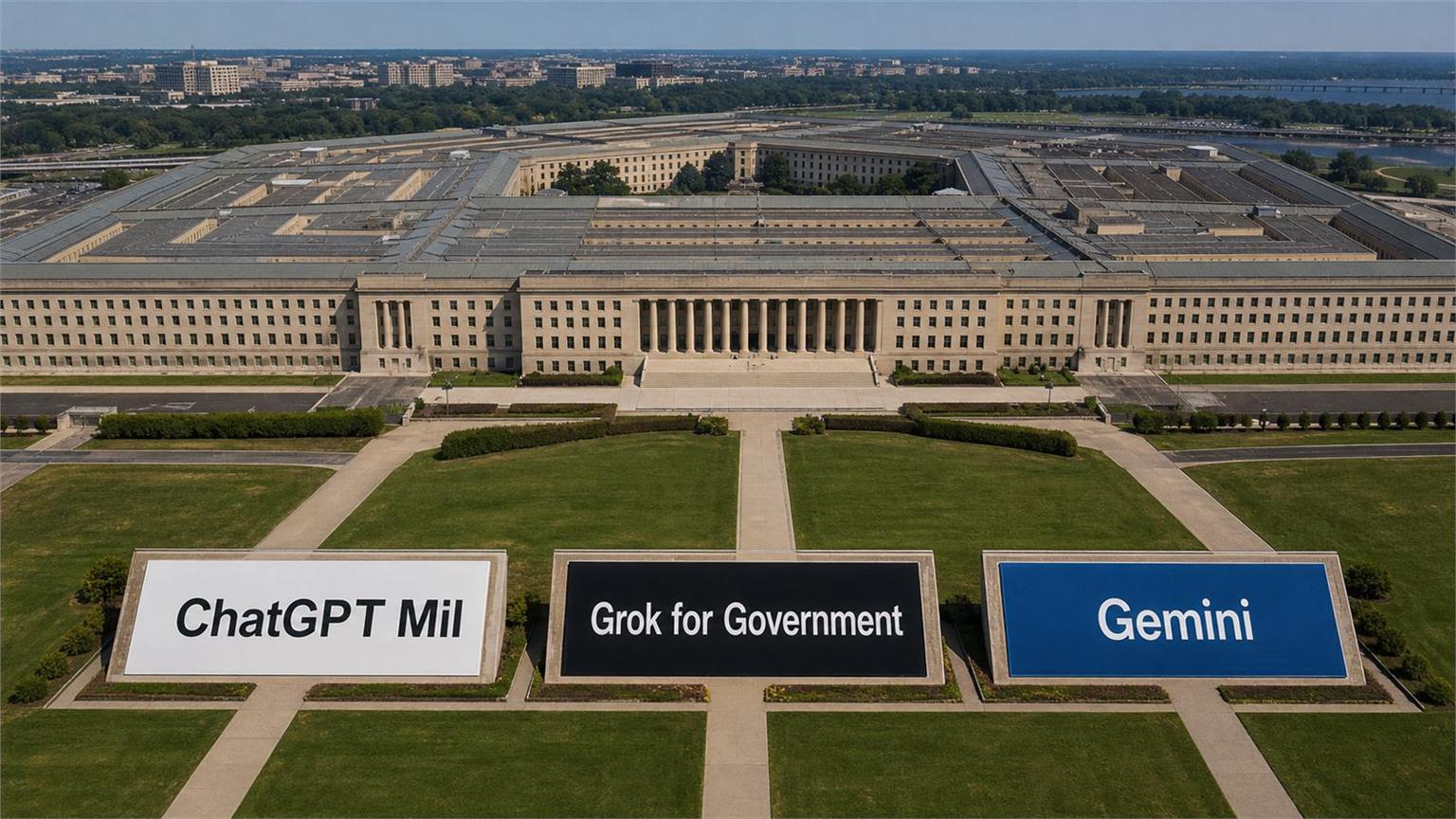 Vista aérea del Pentágono con señalética de ChatGPT Mil, Grok for Government y Gemini