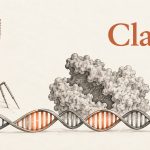 Ilustración científica de Claude asociado a un bacteriófago y una secuencia repetida de ADN