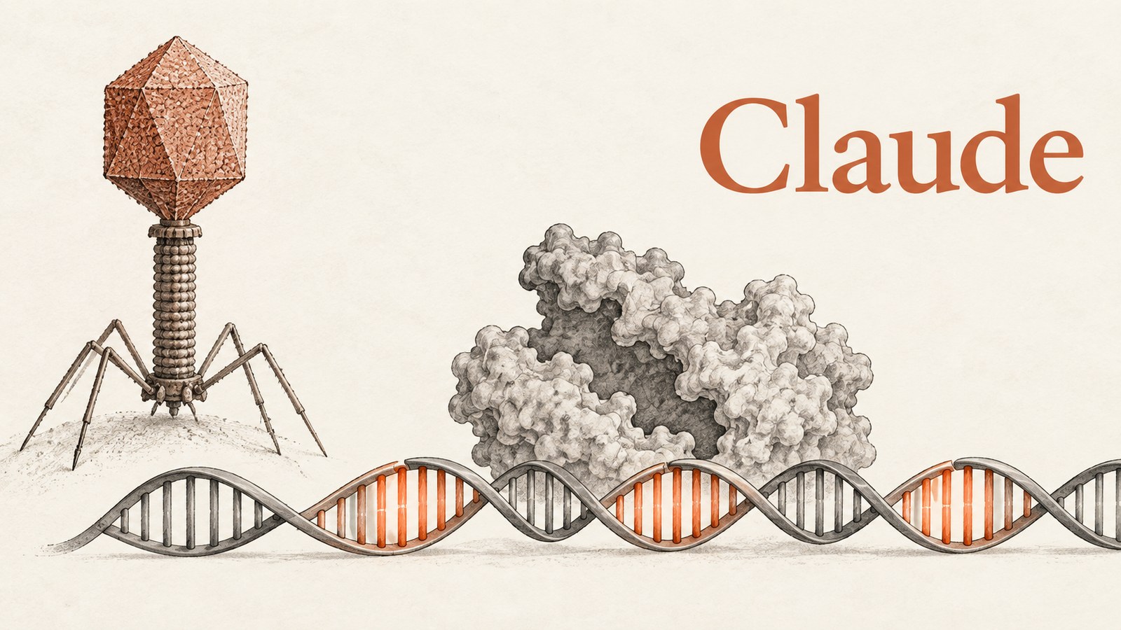 Ilustración científica de Claude asociado a un bacteriófago y una secuencia repetida de ADN