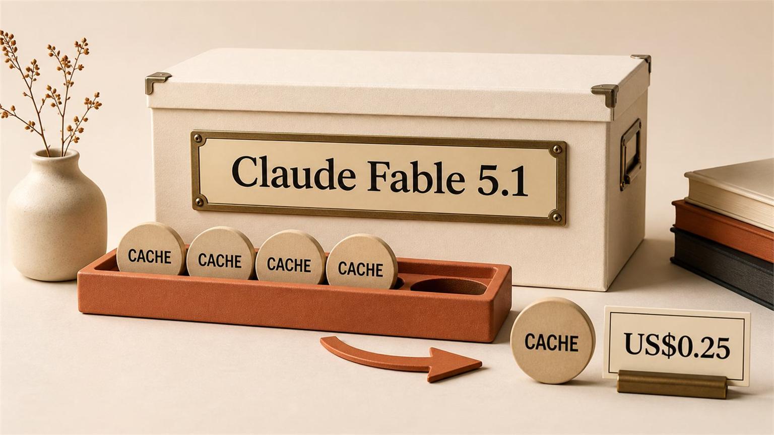 Caja de archivo con fichas de caché para Claude Fable 5.1 y una etiqueta de US$0,25