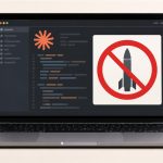 Computador con Claude Code y un símbolo de misil bloqueado