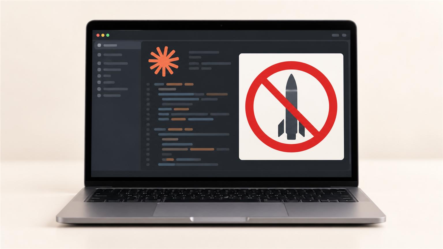 Computador con Claude Code y un símbolo de misil bloqueado