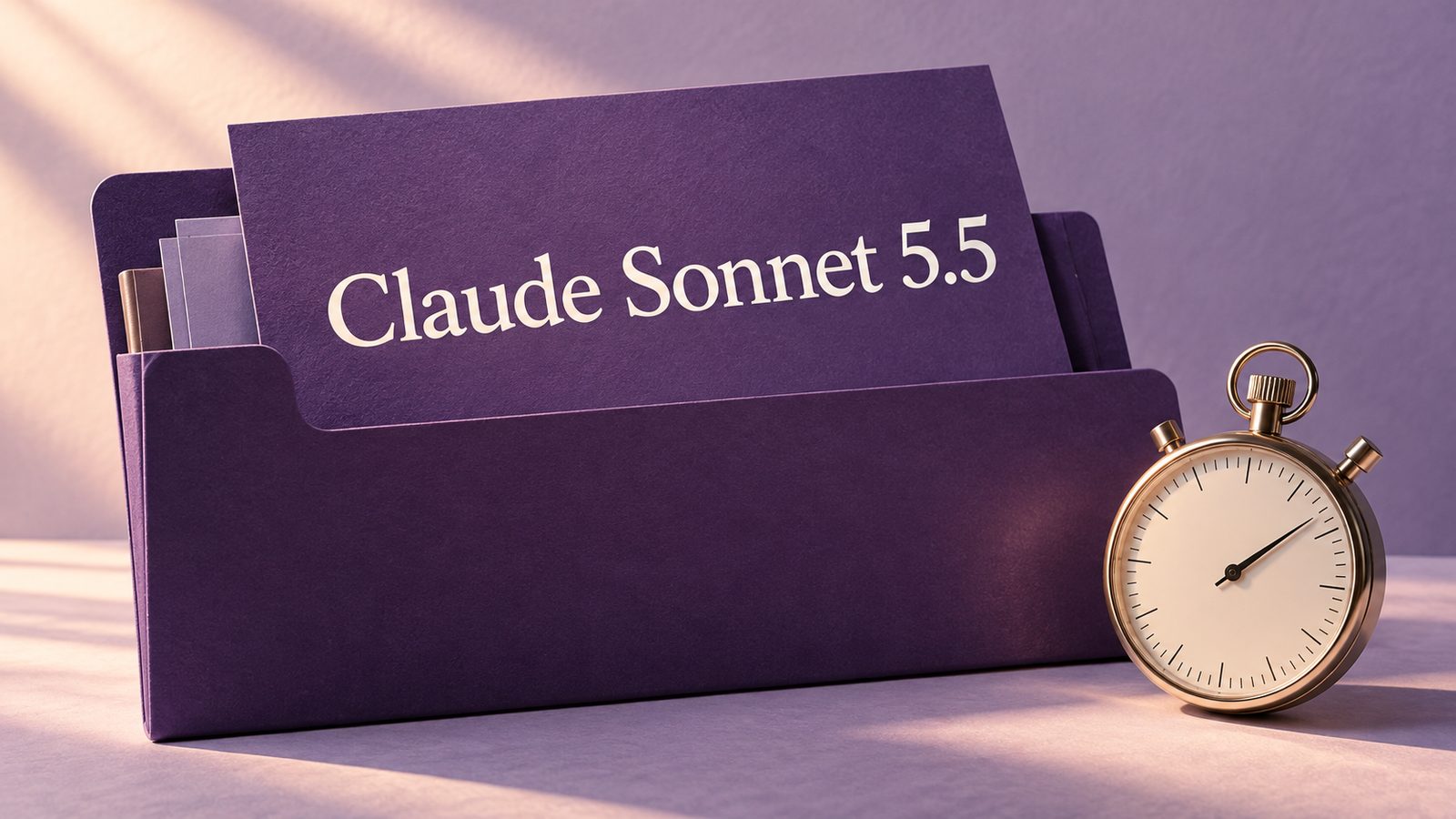 Ficha de Claude Sonnet 5.5 junto a un cronómetro sobre una carpeta violeta