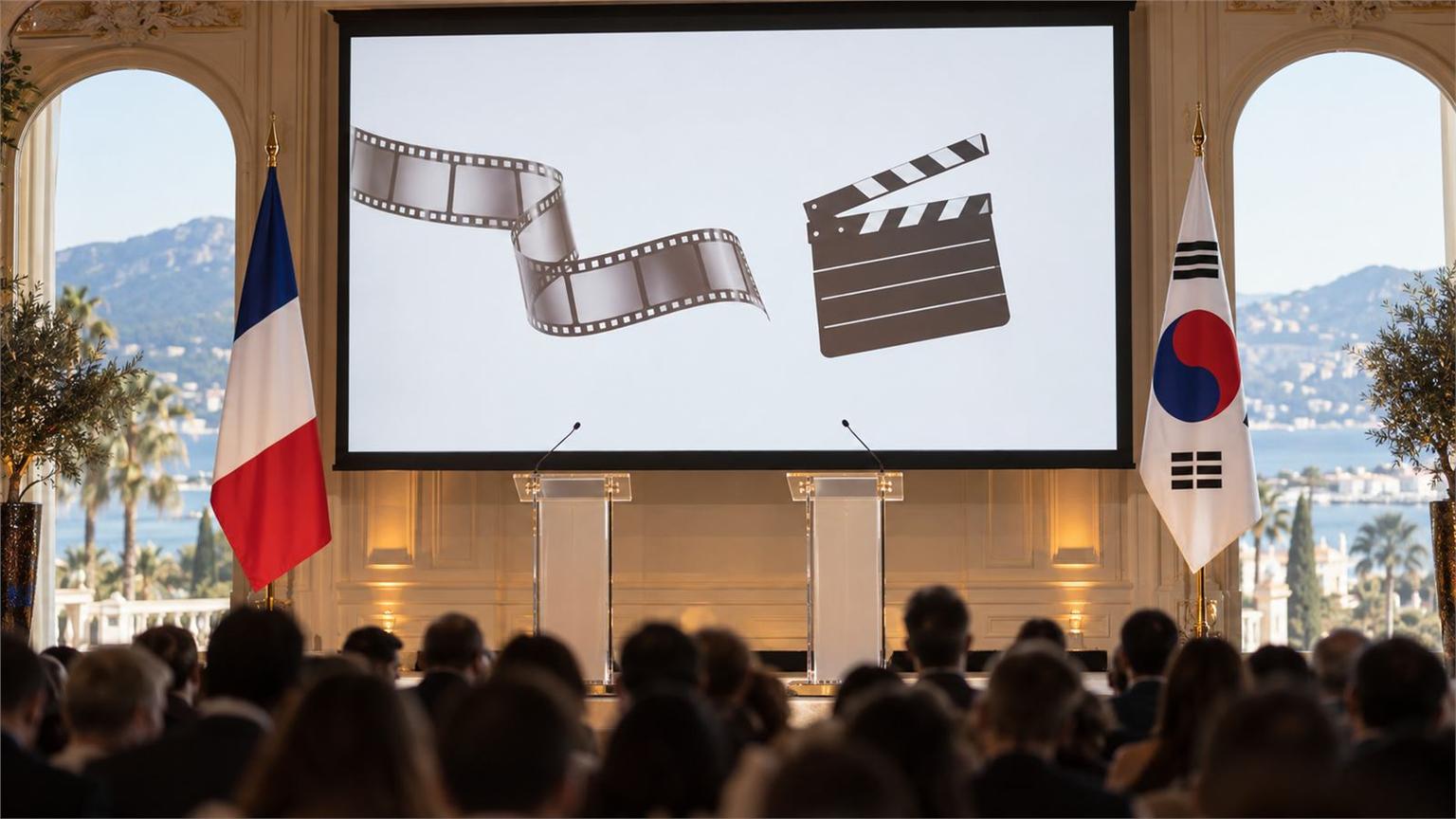 Escenario de la Cumbre Lumière con pantalla de cine, claqueta, atriles y banderas de Francia y Corea del Sur