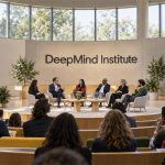 Auditorio circular del DeepMind Institute preparado para un foro interdisciplinario sobre AGI