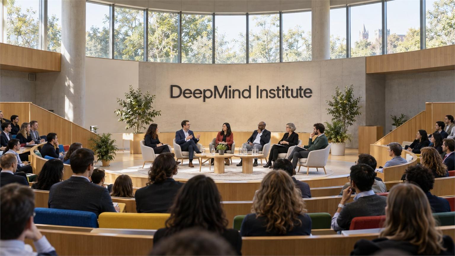 Auditorio circular del DeepMind Institute preparado para un foro interdisciplinario sobre AGI