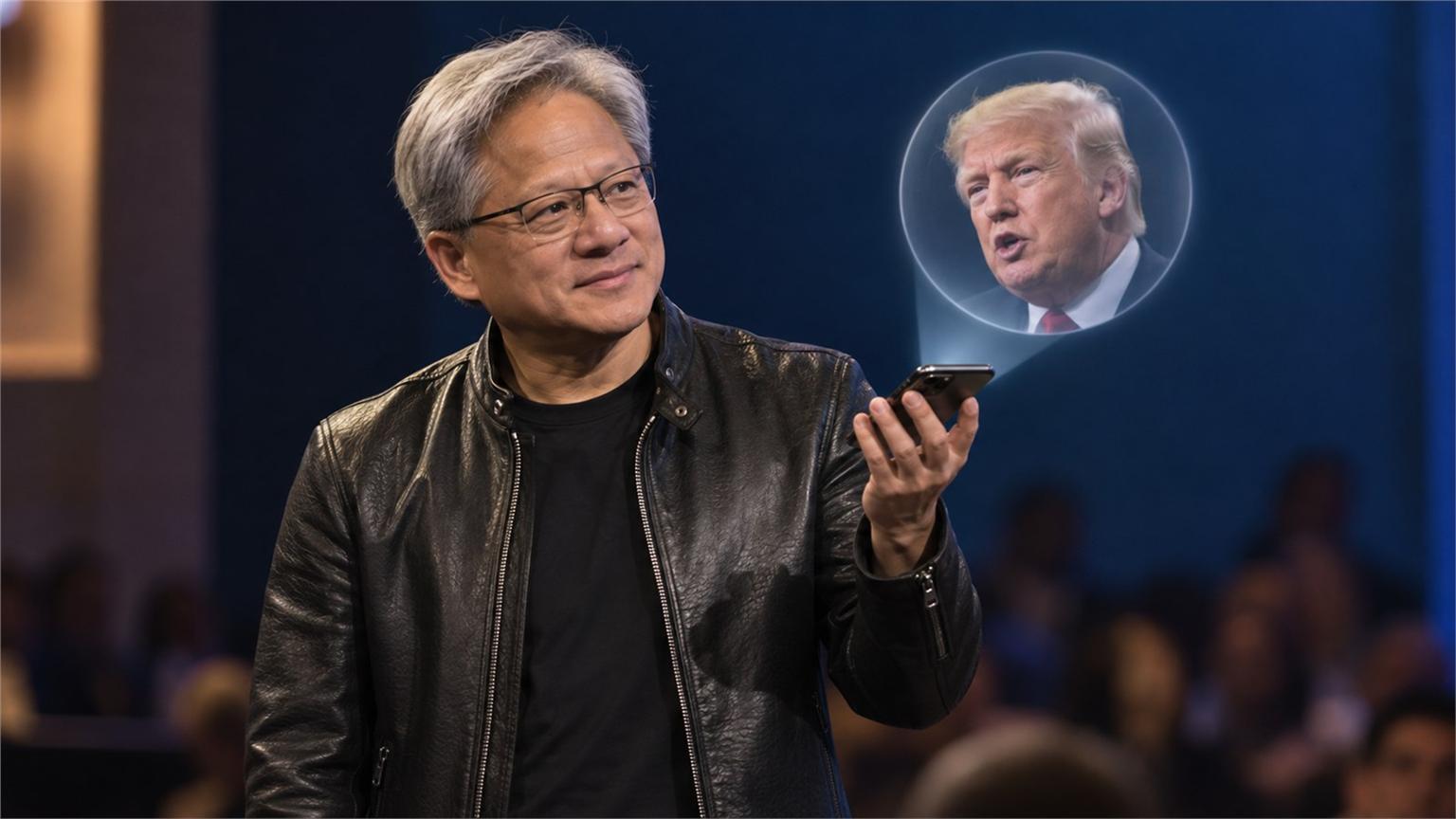 Jensen Huang sostiene un teléfono en altavoz durante una llamada de Donald Trump en un escenario tecnológico