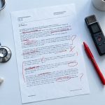 Transcriptores médicos en una transcripción clínica con correcciones manuscritas en rojo junto a un estetoscopio
