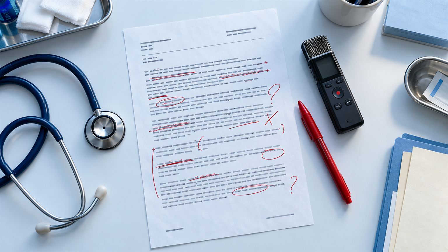 Transcriptores médicos en una transcripción clínica con correcciones manuscritas en rojo junto a un estetoscopio