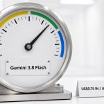 Velocímetro de laboratorio con una placa central que dice Gemini 3.8 Flash y una etiqueta de precio al lado