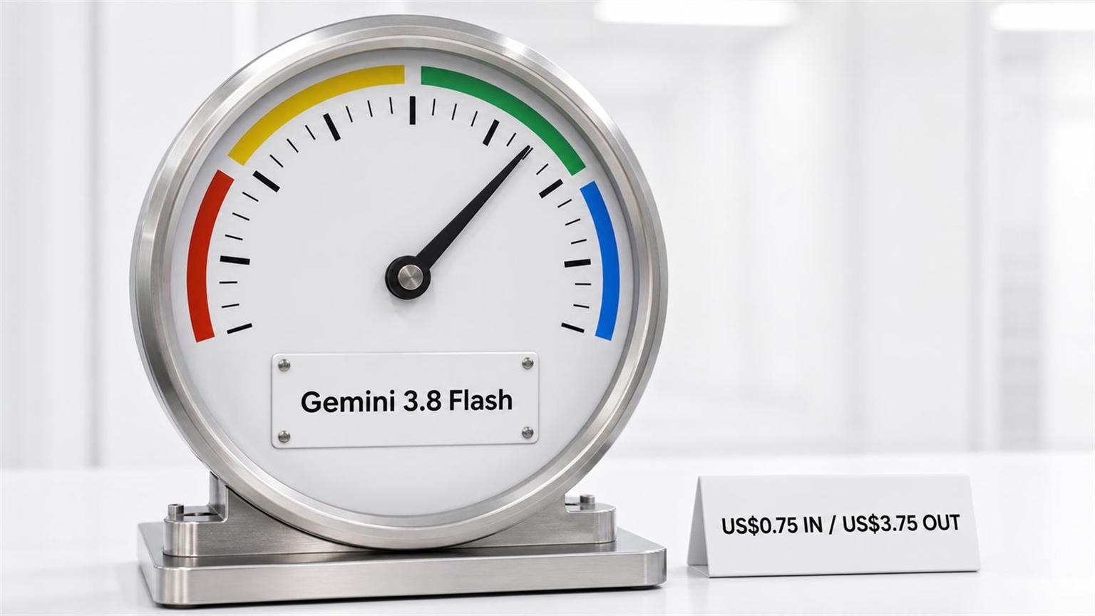 Velocímetro de laboratorio con una placa central que dice Gemini 3.8 Flash y una etiqueta de precio al lado