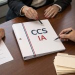 Mesa de comité empresarial con documentos de gobernanza de IA y fichas de datos en revisión