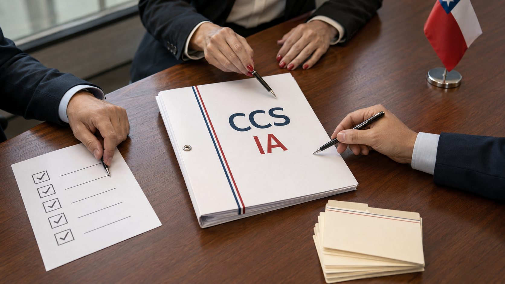 Mesa de comité empresarial con documentos de gobernanza de IA y fichas de datos en revisión
