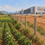 Campos agrícolas de India separados por una cerca de las obras de un centro de datos con el nombre Google.