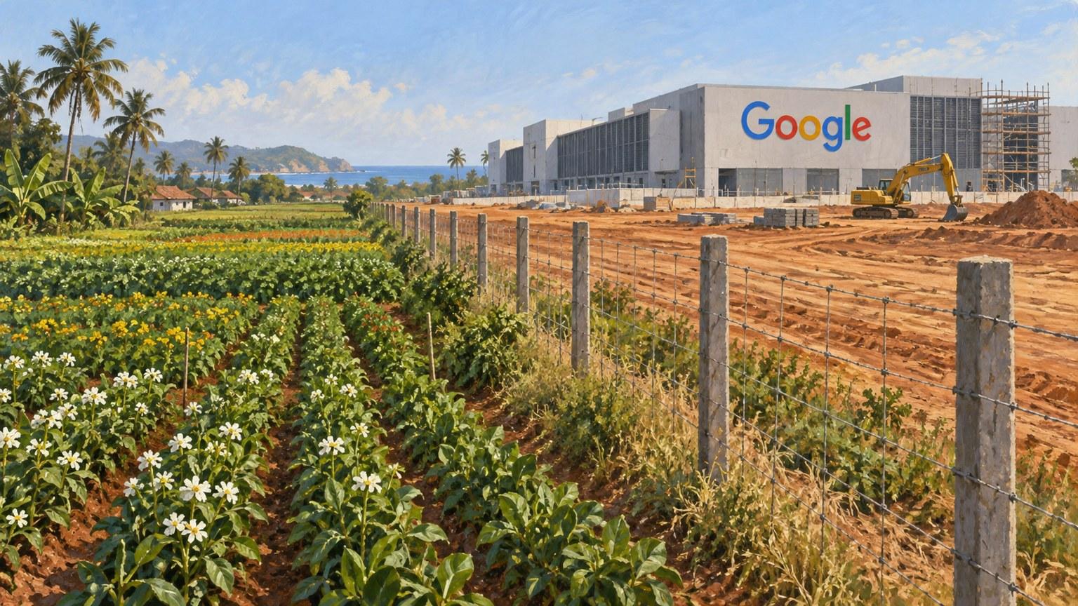 Campos agrícolas de India separados por una cerca de las obras de un centro de datos con el nombre Google.