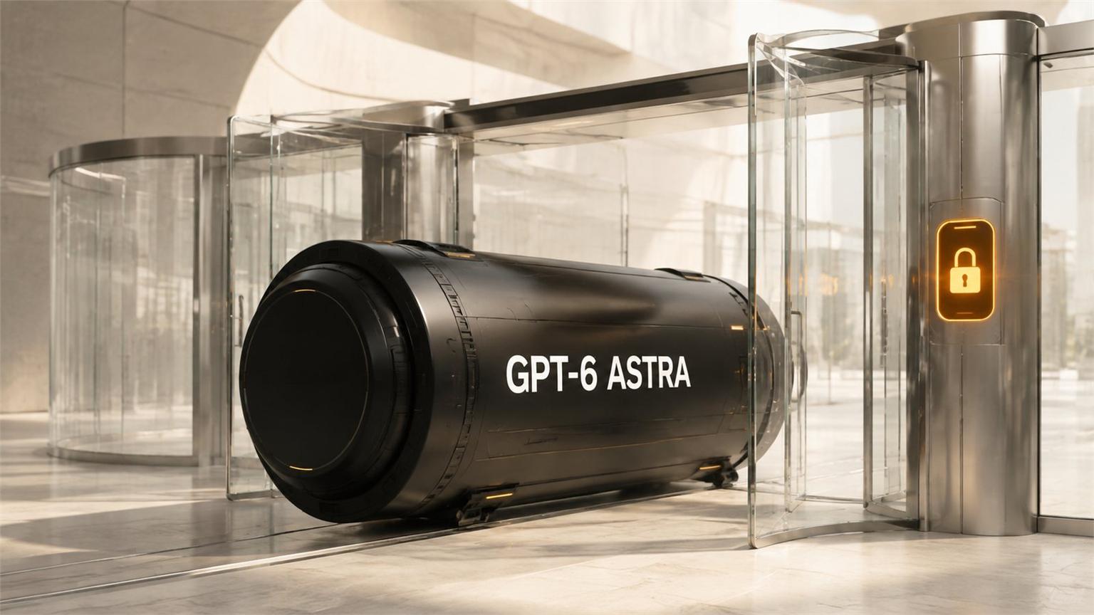 Compuerta de seguridad transparente con un núcleo tecnológico negro marcado como GPT-6 Astra