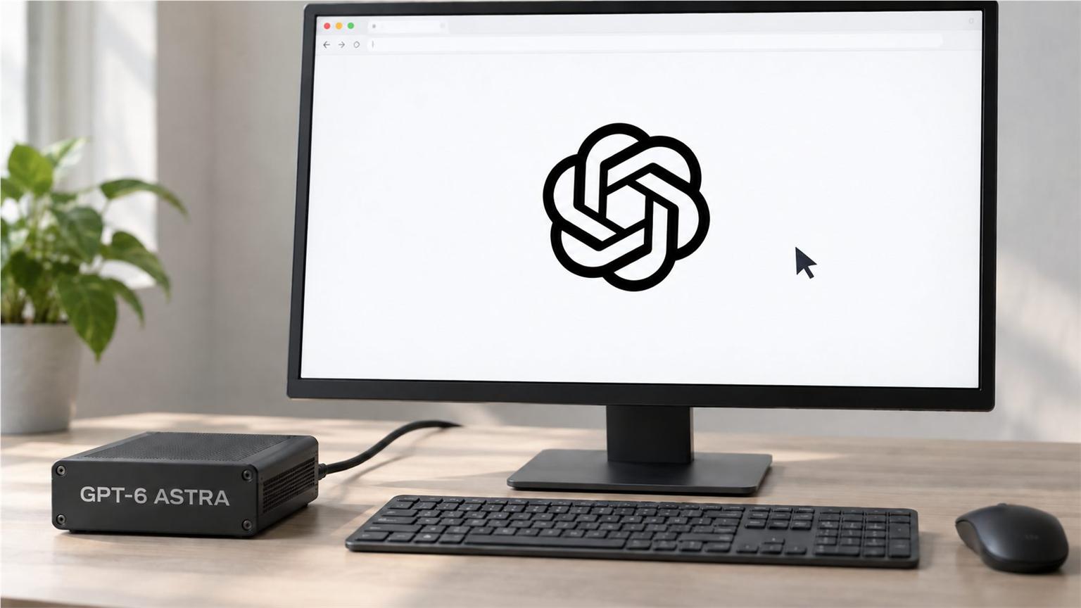 Estación de trabajo con monitor, cursor y una tarjeta GPT-6 Astra conectada al computador