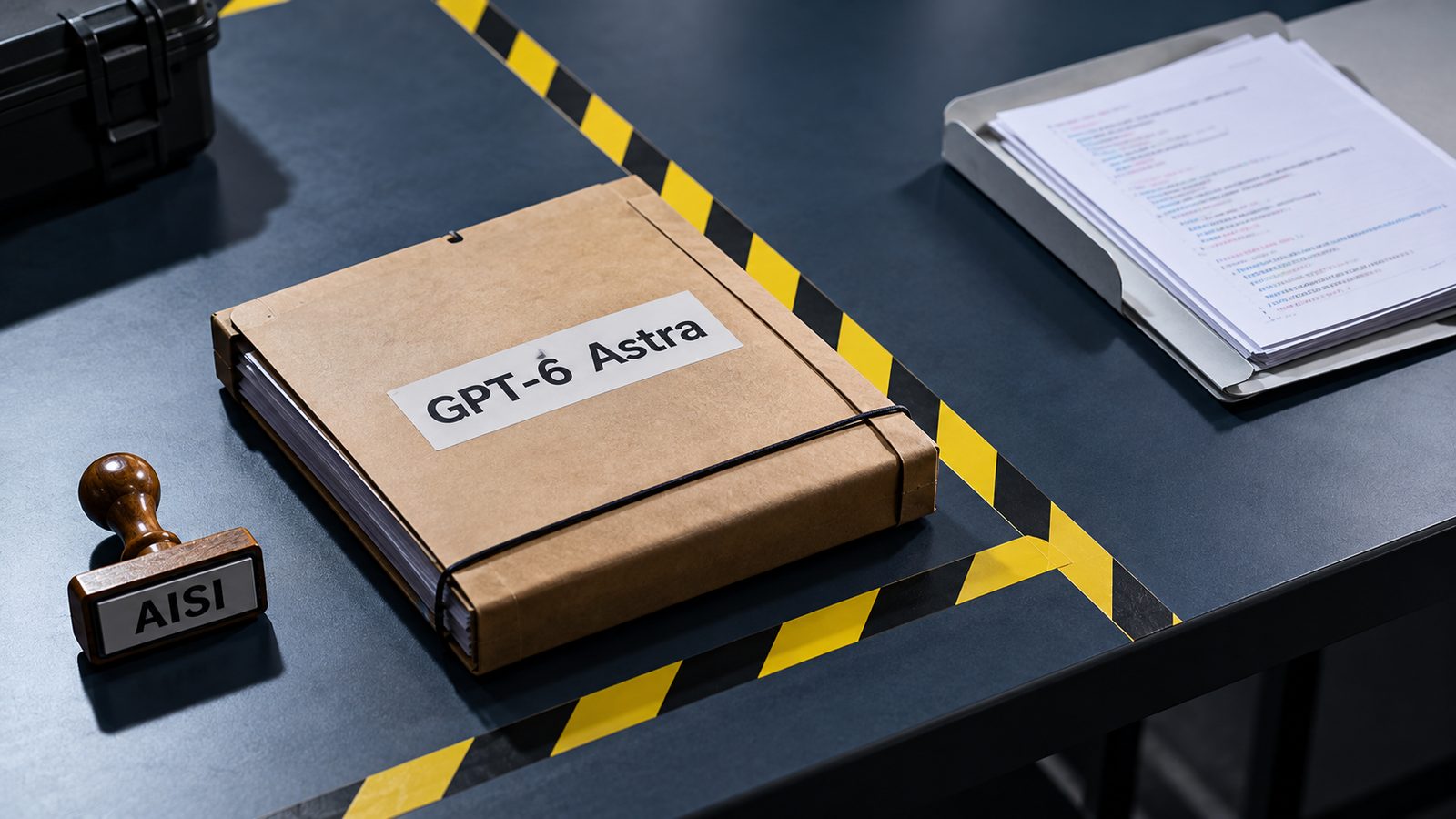 Carpeta GPT-6 Astra dentro de un perímetro amarillo de prueba junto a un sello AISI