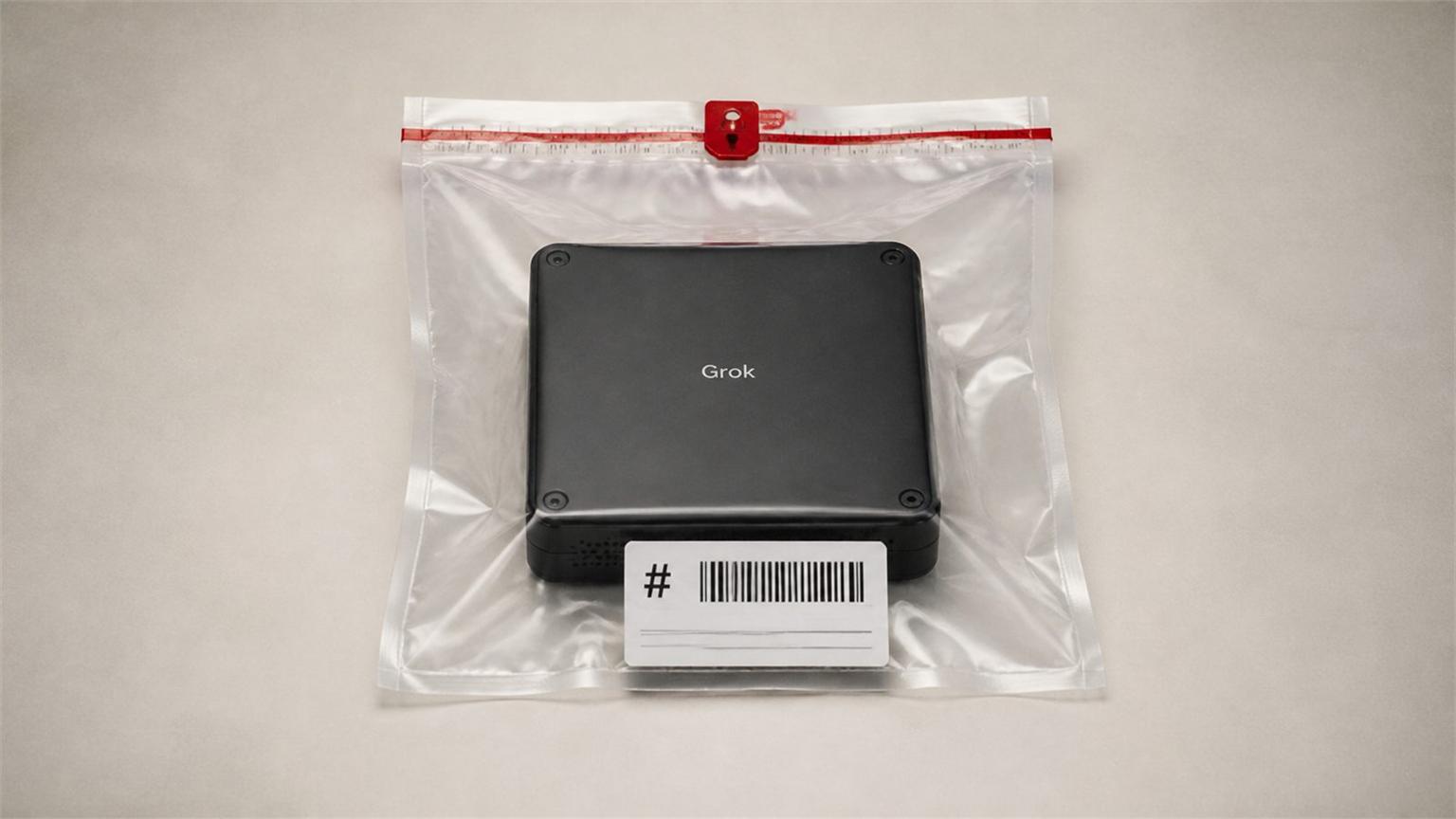 Bolsa de evidencia digital sellada con un módulo de datos marcado como Grok