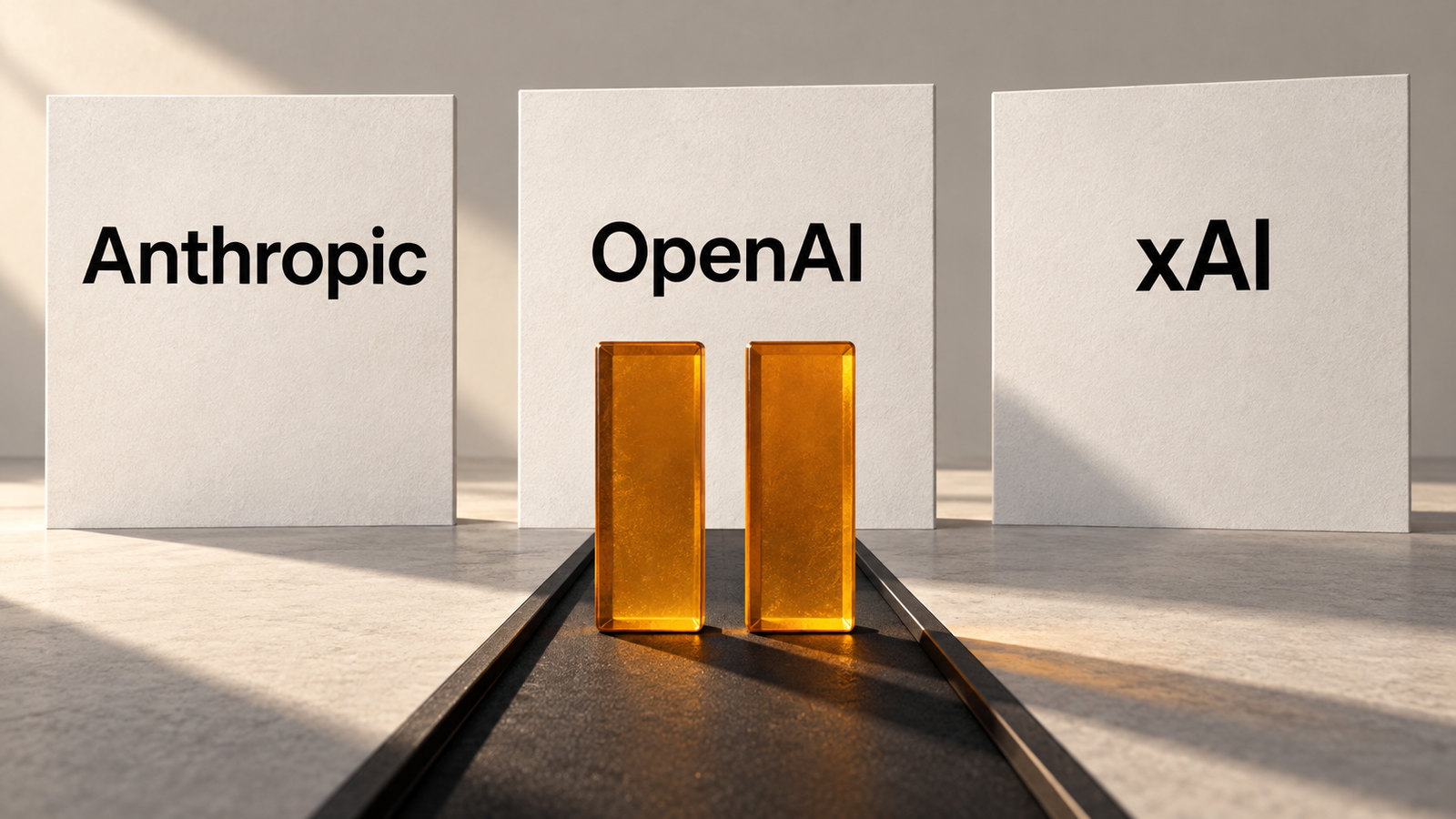 Tres placas con los nombres Anthropic, OpenAI y xAI ante una señal de pausa para la IA de frontera