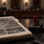 Carpeta de selección de objetivos, interruptor de autorización y cronómetro sobre una mesa de IA militar