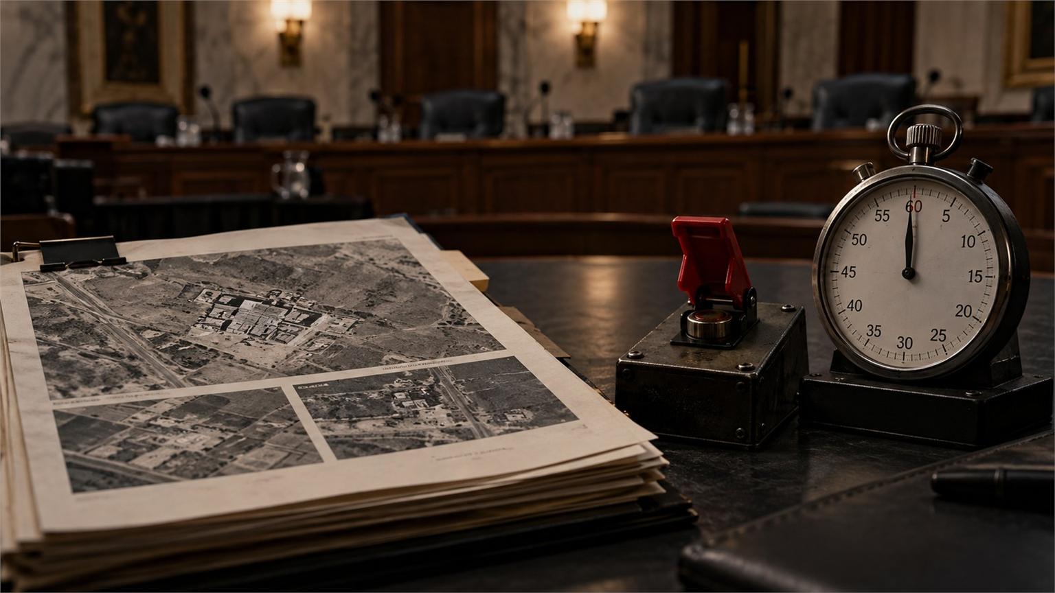 Carpeta de selección de objetivos, interruptor de autorización y cronómetro sobre una mesa de IA militar