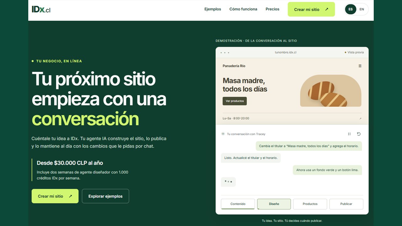 Página principal de IDx para crear y publicar sitios web con Inteligencia Artificial