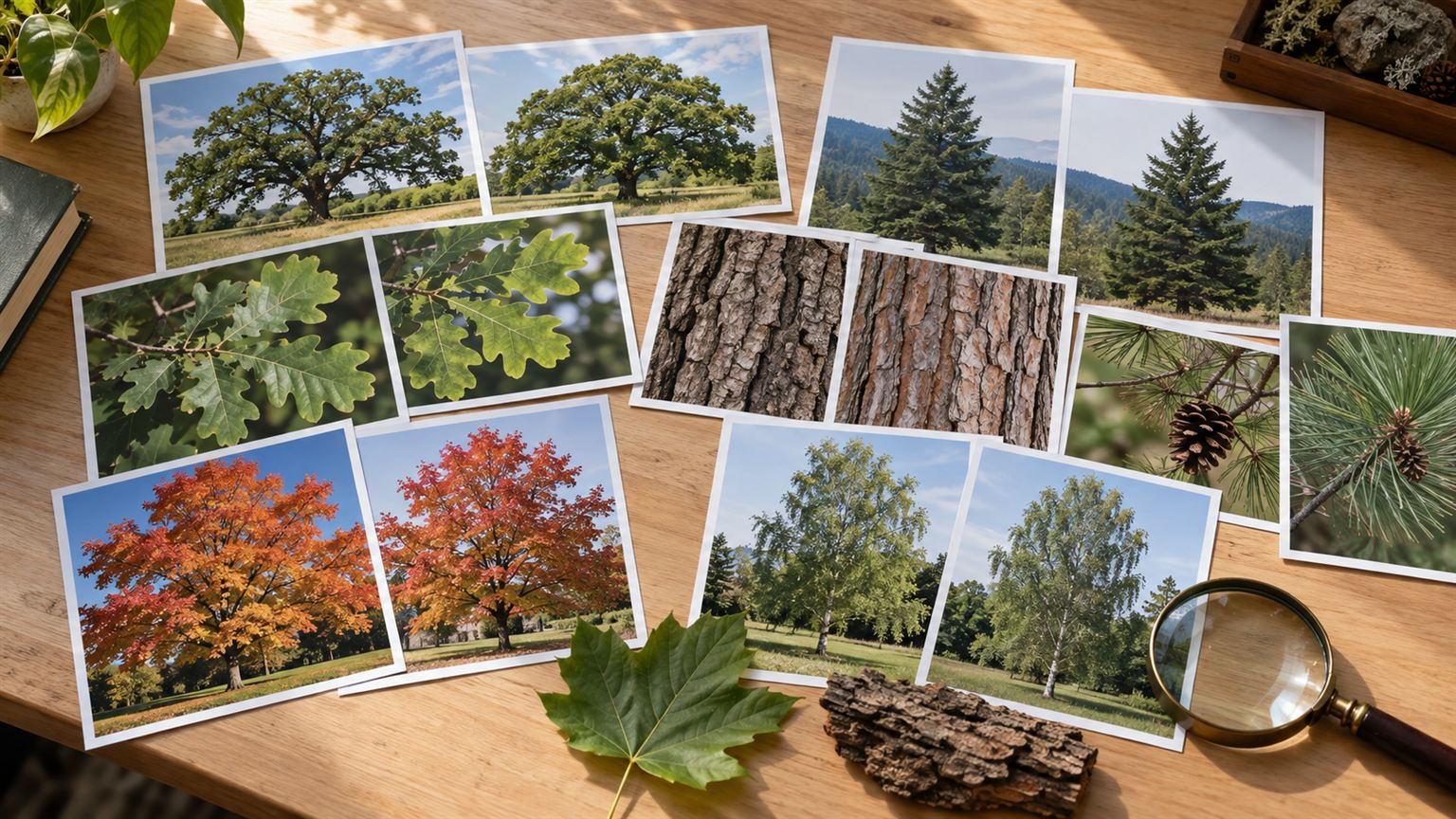 Fotografías reales e imágenes sintéticas de árboles organizadas sobre una mesa de clasificación ecológica