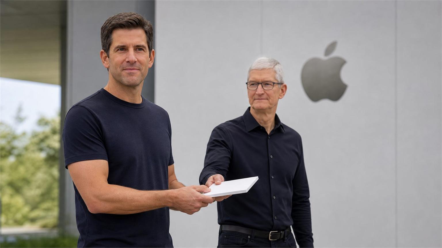 John Ternus recibe de Tim Cook una carpeta durante el relevo de CEO de Apple