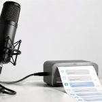 Micrófono profesional junto a una cinta de transcripción y el símbolo de Microsoft para MAI-Transcribe-2