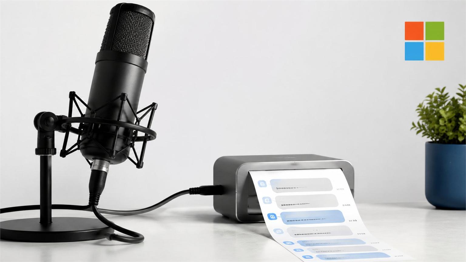 Micrófono profesional junto a una cinta de transcripción y el símbolo de Microsoft para MAI-Transcribe-2