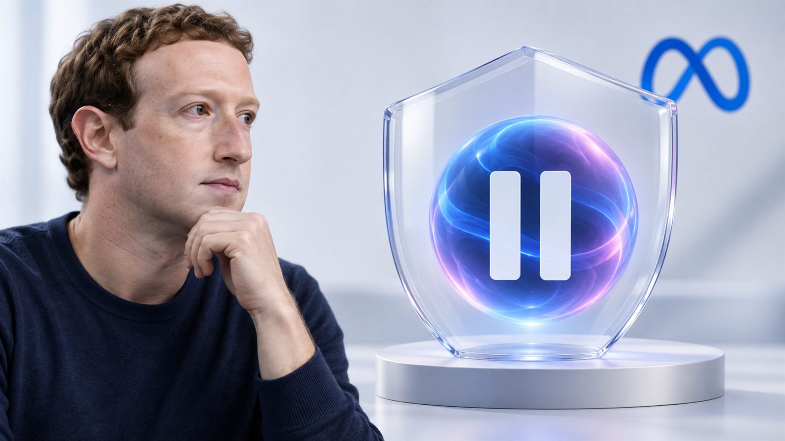 Mark Zuckerberg junto a una esfera de Muse detenida detrás de un escudo transparente con símbolo de pausa