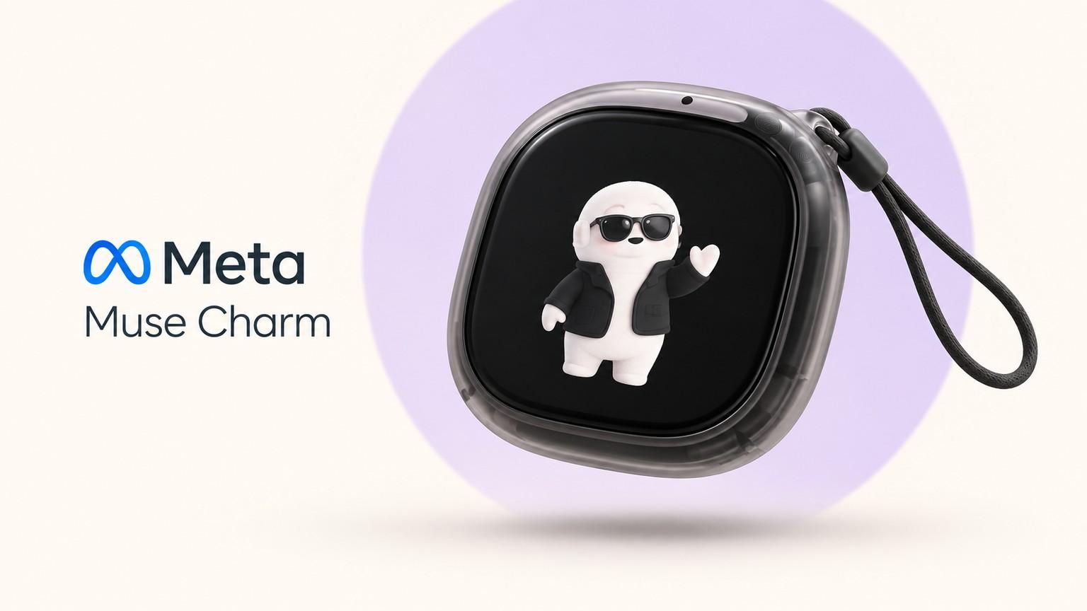Ilustración de Muse Charm, el dispositivo de Meta con pantalla y un personaje virtual blanco.