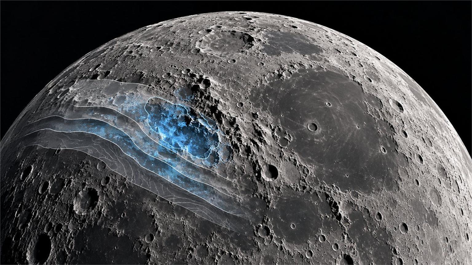 Mapa científico de la superficie lunar analizado con el modelo de NASA y capas azules sobre posibles zonas de hielo
