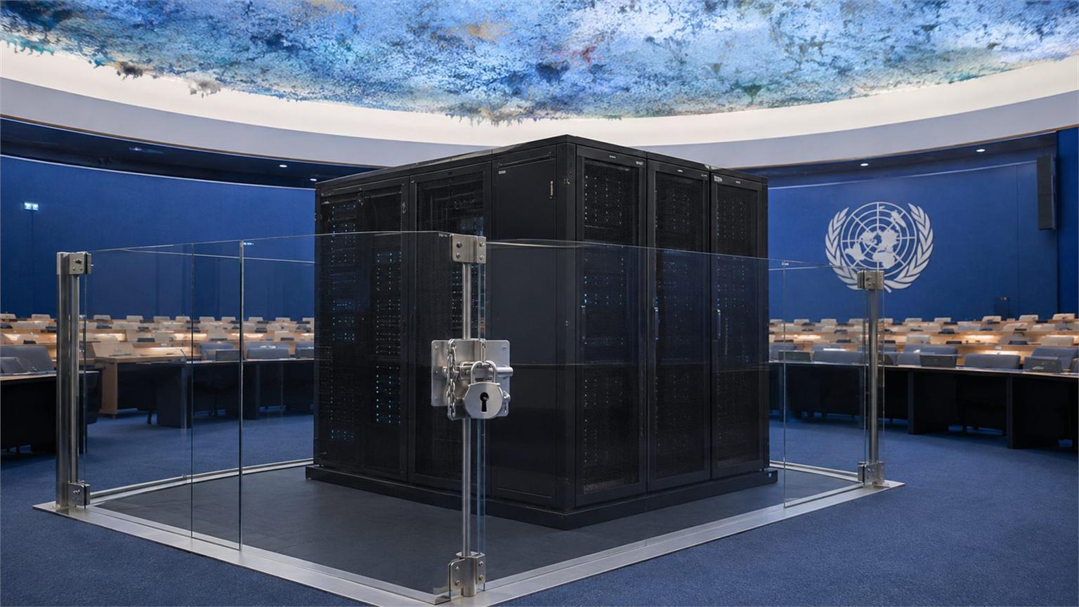 Sala del Consejo de Derechos Humanos de la ONU con un módulo de Inteligencia Artificial protegido por una barrera