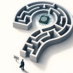 Laberinto en forma de signo de interrogación con el logotipo de OpenAI y un cartel de IPO