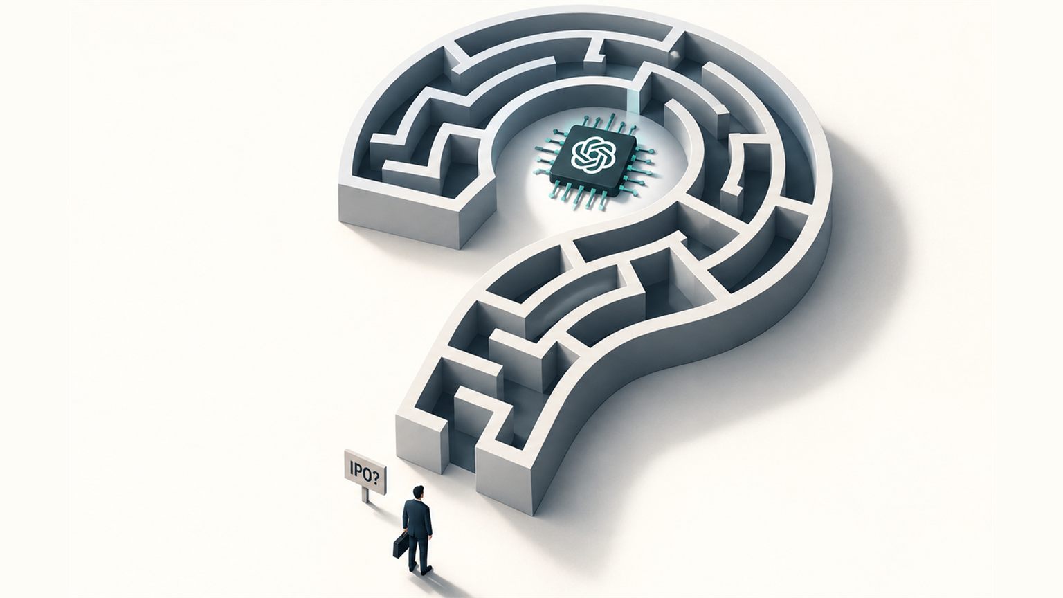 Laberinto en forma de signo de interrogación con el logotipo de OpenAI y un cartel de IPO