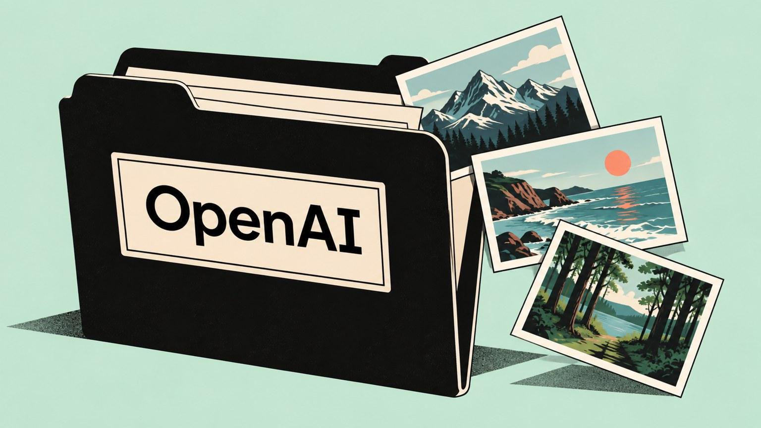 Carpeta con el nombre OpenAI de la que salen tres imágenes de paisajes en una ilustración editorial.