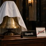 Campana de bolsa cubierta junto a un calendario 2026 tachado para OpenAI