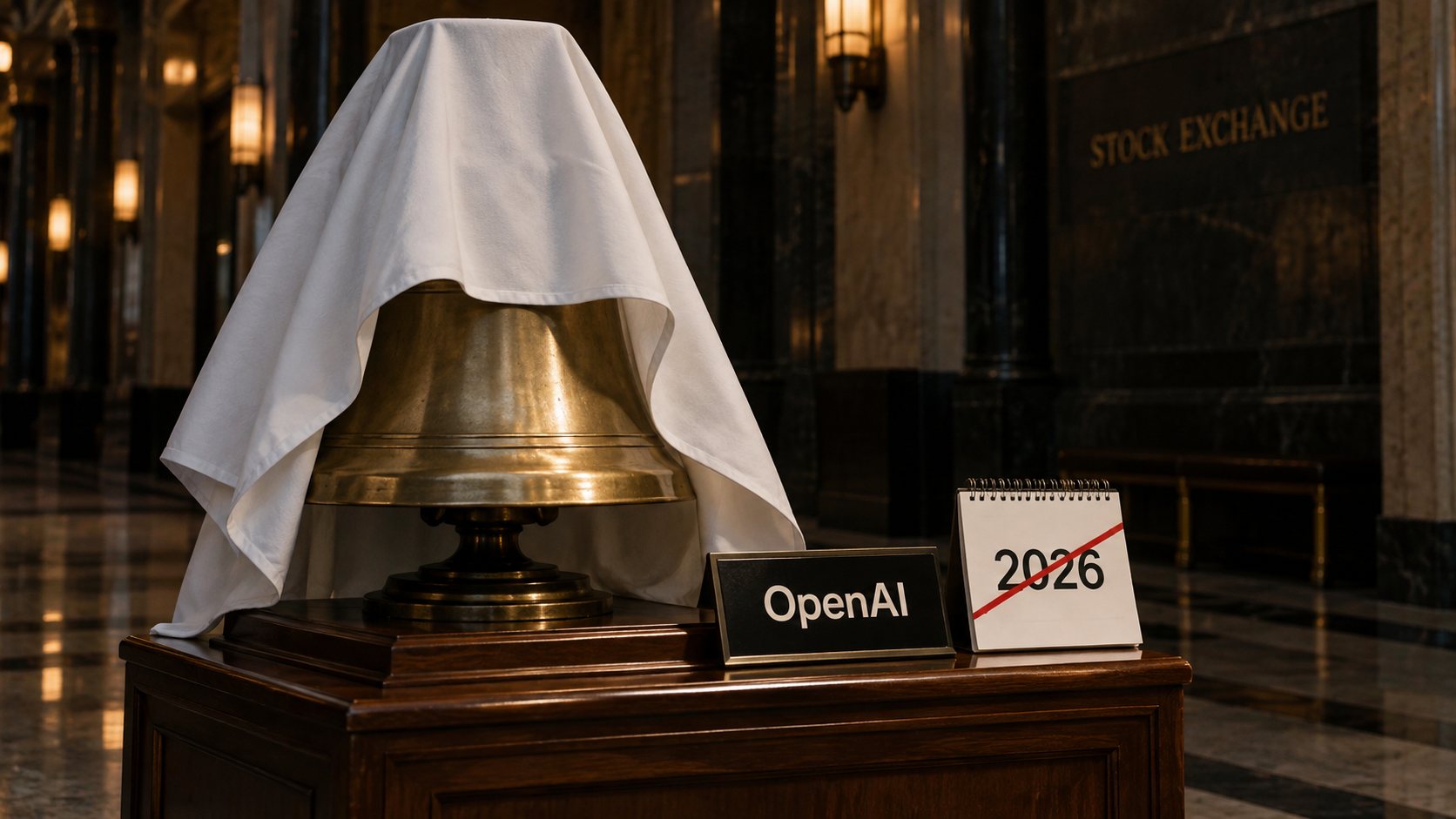 Campana de bolsa cubierta junto a un calendario 2026 tachado para OpenAI