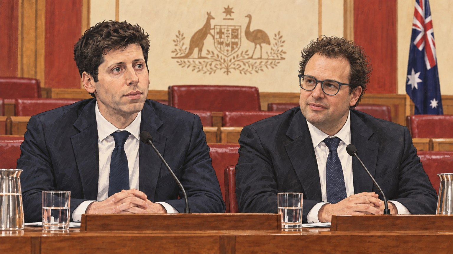 Sam Altman de OpenAI y Dario Amodei de Anthropic ante micrófonos en una ilustración del Senado australiano