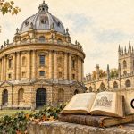 Biblioteca histórica de Oxford con libros abiertos junto al nombre OpenAI en una ilustración editorial.