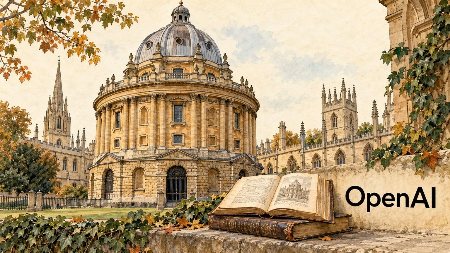 Biblioteca histórica de Oxford con libros abiertos junto al nombre OpenAI en una ilustración editorial.